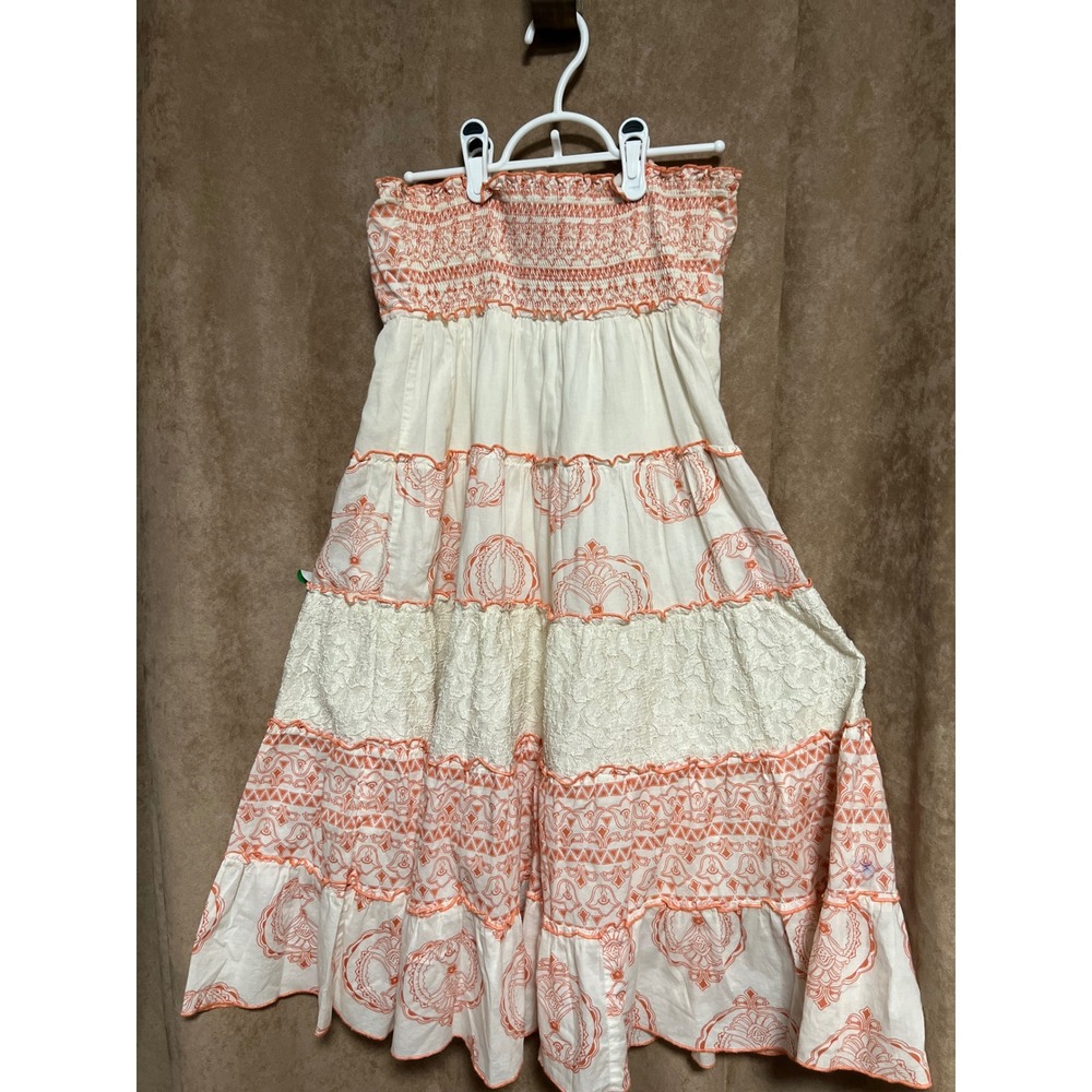 Guess Jeans Womens Orange Cream Tiered‎ Lace Strapless Boho Midi Dress Large
